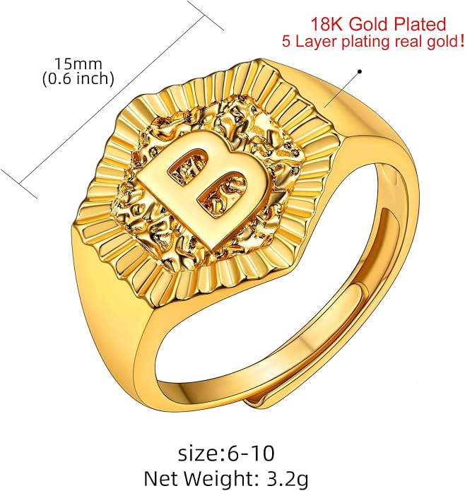 KeyStyle Bold Initial Letter Rings Adjustable, GoldChic Jewelry Women Gold Statement Ring Personalized Engraved Women’s Open Signet Ring for Party (Gold, White Gold, Black)