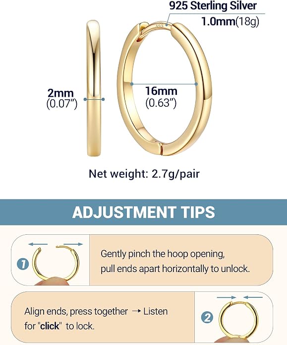 PROSTEEL Hoop Earrings for Women, Huggie Hoop with 925 Sterling Silver Post, 8/10/12/14/16/18/20mm Small Huggie Hoops, 14K Gold Plated/Silver/Black/Rose Gold Hypoallergenic Earrings Jewelry