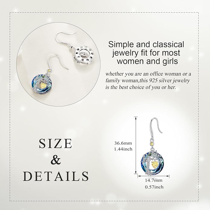 POPLYKE Tree of Life Birthstone Earrings 925 Sterling Silver Dainty Gemstone Birthstone Dangle Drop Earring with Crystal Fine Jewelry Birthday Gifts for Women Her