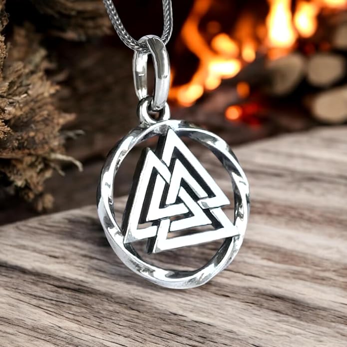 925 Sterling Silver Valknut Viking Necklace - Norse Mythology Odin Amulet - Three Triangles Pendant Chain 20" - Celtic Nordic Viking Jewelry Gift for Men and Women - Handmade
