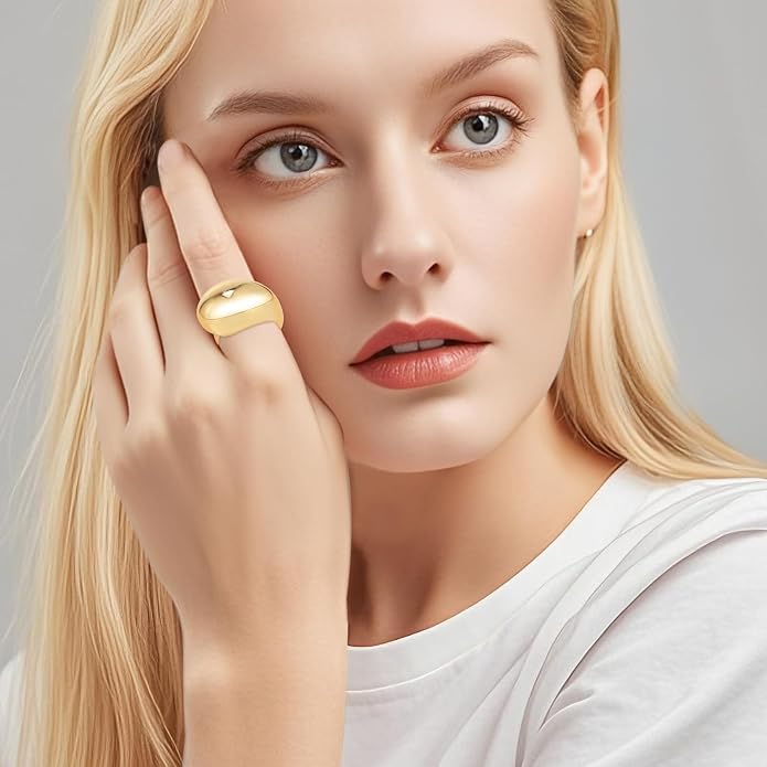 14K Gold Plated Chunky Domed Statement Ring for Women | Lightweight Trendy Rings | Thick Statement Jewelry