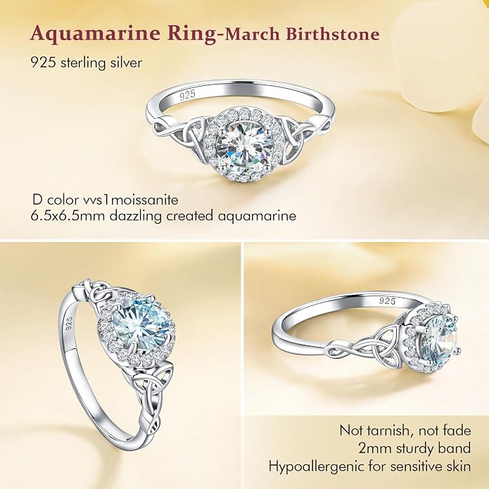 DAYBYDAY Celtic Birthstone Rings for Women 925 Sterling Silver Heart/Round/Pear/Oval Created Gemstone Moissanite Halo Engagement Promise Rings for Her Wife Birthday Anniversary Wedding Jewelry