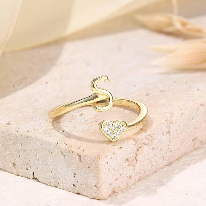 MILACOLATO 925 Sterling Silver Initial Rings for Women Teen Girl 18K Gold Plated Heart Initial Rings Adjustable Capital Letter Ring Stackable Thumb Pinky Rings for Daughter Birthday Bridesmaid Gifts Jewelry, A to Z