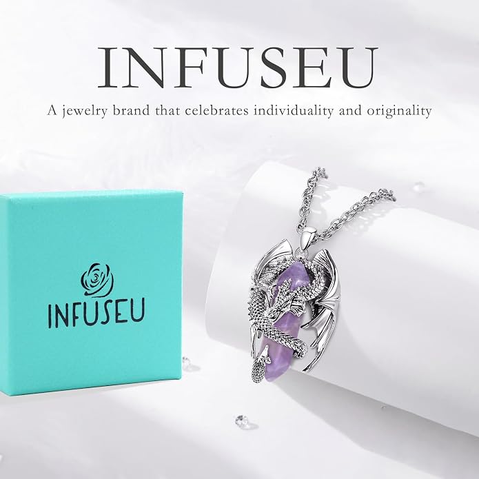 INFUSEU Unique Dragon Necklaces with Healing Crystal Stone for Men Women, Personalized Spiritual Gifts, 24 Inch Chain