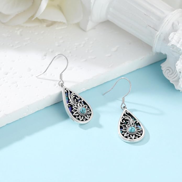 Sterling Silver Abalone Shell Filigree Dangle Drop Earrings Bohemia Jewelry Gift for Women Mother Mom