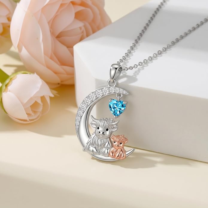PELOVNY Teddy Bear Necklace for Women 925 Sterling Silver Bear/Highland Cow/Fox/Cat/Axolotl Birthstone Necklace Christmas Birthday Jewelry Gifts for Mom Daughter Wife Sister
