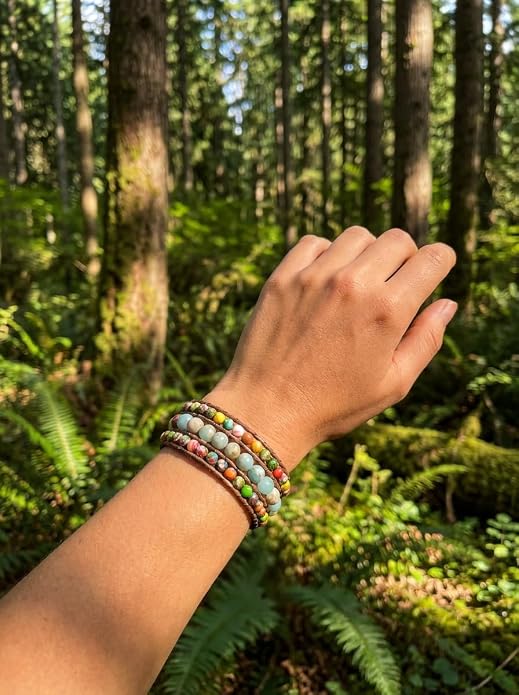 YGLINE Boho Handmade Natural Stone Bead 3 Row Wide Wrap Wrist Statment Bracelet Jewelry Collection
