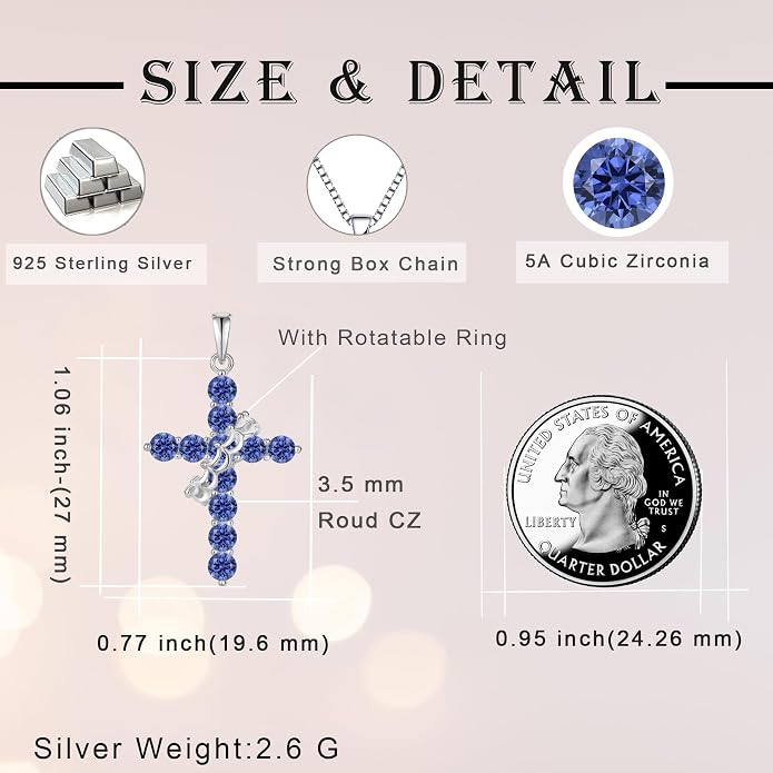 Rotated Crown Cross Necklaces for Women, 925 Sterling Silver Round Cut Zircon Neckalce Pendant With Ring Birthstones Jewelry for Her