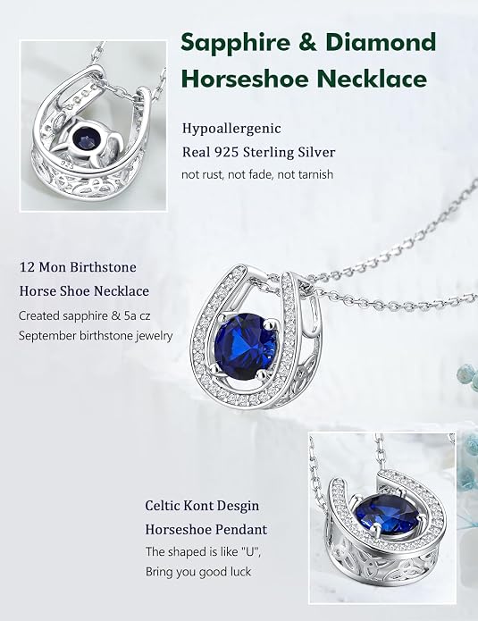 925 Sterling Silver Horseshoe Necklace for Women Round Gemstone Birthstone Necklace Sapphire/Emerald/Ruby/CZ Horse Shoe Pendant Necklaces Jewelry Gift