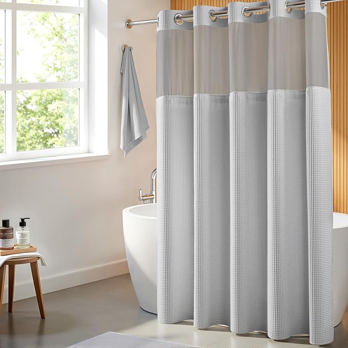 River Dream Cotton Blend Fabric Shower Curtain Set with Liner, Gray, 71x86 | Waffle Weave, No Hook Needed, with Snap in Replacement Liner, Top Sheer Window, Hotel Quality for Bathroom, Extra Long