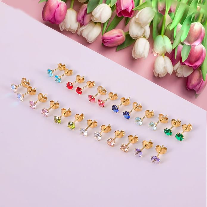 12 Pairs Surgical Stainless Steel Stud Earring Round Heart Star Square Cubic Zirconia Birthstone Stud Earrings Set for Women