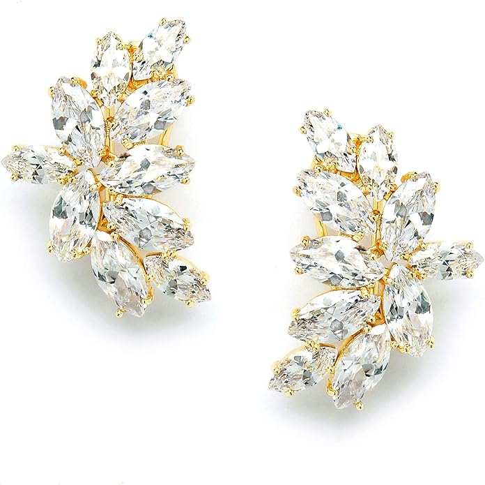 Mariell Clip-On Cubic Zirconia Crystal Bridal Earrings, Marquise Shape CZ Curved Clusters, Women Earrings for Wedding, Bridesmaids, Homecoming, Mother of the Bride