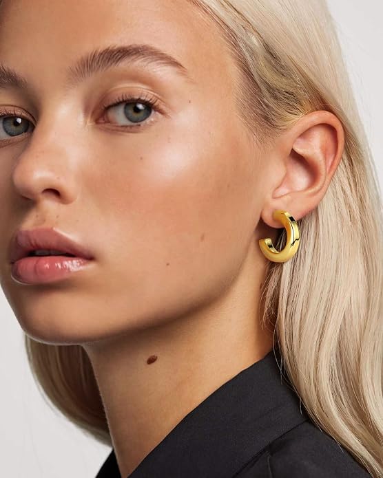 Stainless Steel Chunky Hoop Earrings For Women, Minimalist and Chic, Black/Gold Plated, Round Hoops Earrings Hypoallergenic, Size: 30mm/40mm/60mm/80mm, Come with Box
