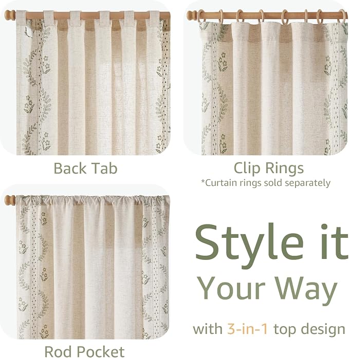 jinchan Floral Linen Curtains 63 Inch Back Tab 4 Panels Sage Green | Embroidered curtains,boho curtains,living room,bedroom,light filtering,privacy,flower patterned drapes,window treatment