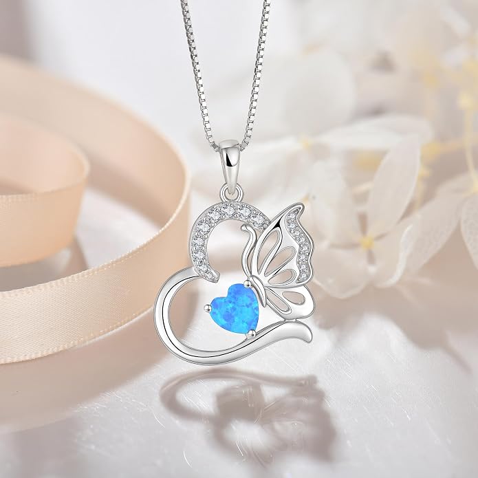 Butterfly Necklace for Women 925 Sterling Silver Heart Pendant Birthstones Jewelry Gift