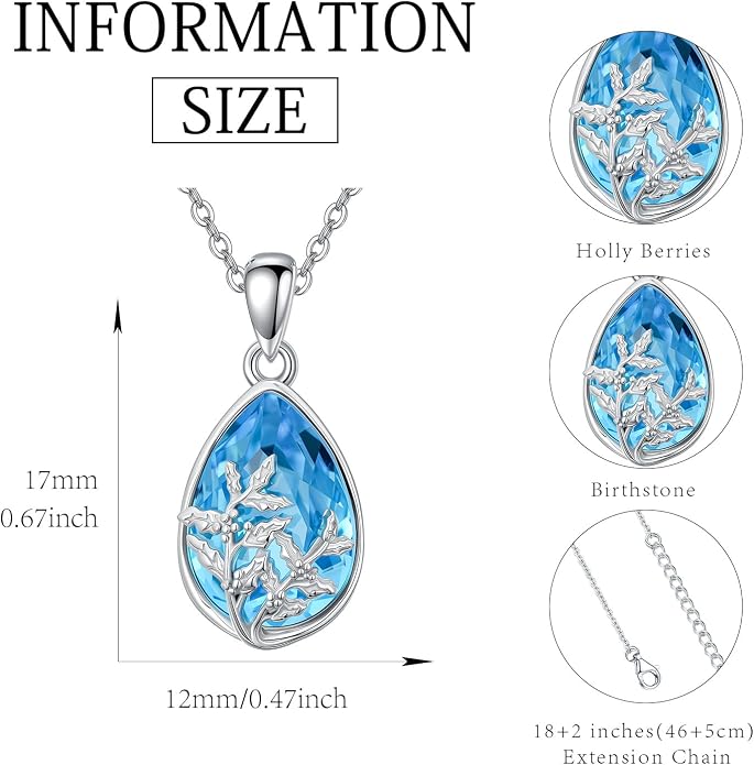 925 Sterling Silver Birth Flower Necklace with Teardrop Shaped Birthstone - 12 Colors, 12 Kinds of Flower - Ideal Birthday Jewelry Gift for Women, Mothers, Daughters & Wives