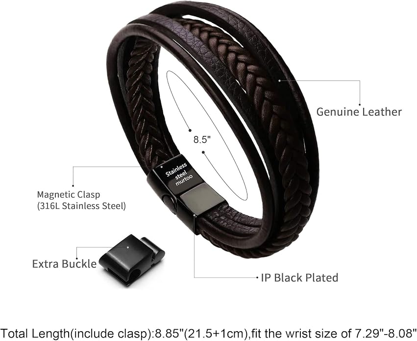 murtoo Mens Leather Bracelet with Clasp Cowhide Multi-Layer Braided Leather Mens Bracelet