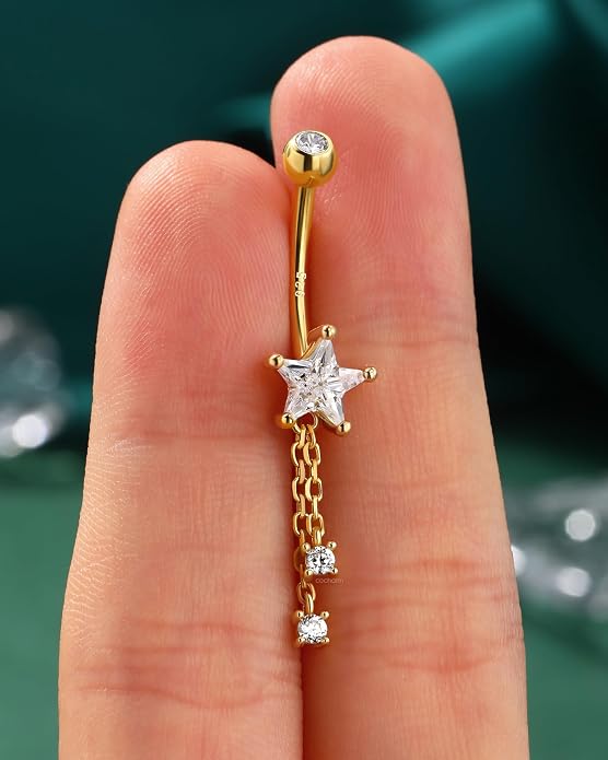Cocharm 14K Gold Plated Belly Button Rings - 14G 925 Sterling Silver Navel Rings for Women - Dangle Belly Piercing Jewelry