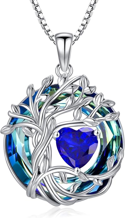 TOUPOP Tree of Life Birthstone Necklace Sterling Silver Pendant Birthstone Necklaces with Blue Crystal Anniversary Birthday Jewelry for Women Mom Wife Her