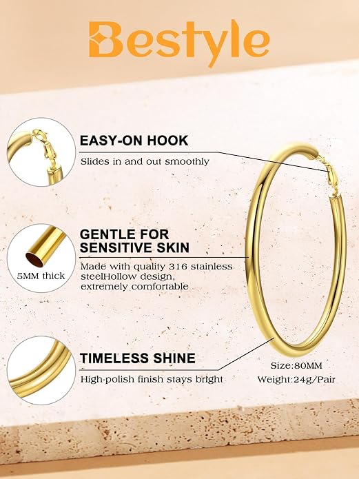 Bestyle 5mm Thick Gold Hoop Earrings Hypoallergenic Hoops for Sensitive Ears Trendy Lightweight Chunky Earrings for Women 30/40/60/80mm
