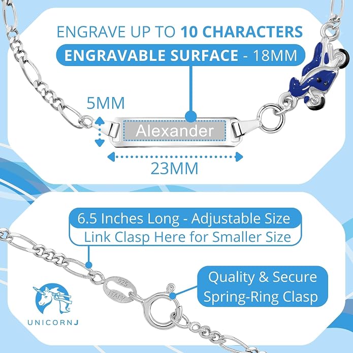 UNICORNJ 925 Italy Sterling Silver Child or Baby Name Bracelet Girls Boys, Personalized Engraved Kids ID Bracelets, 6.5" Figaro Chain, Enamel Charm Newborn Infant Toddler Kid Jewelry