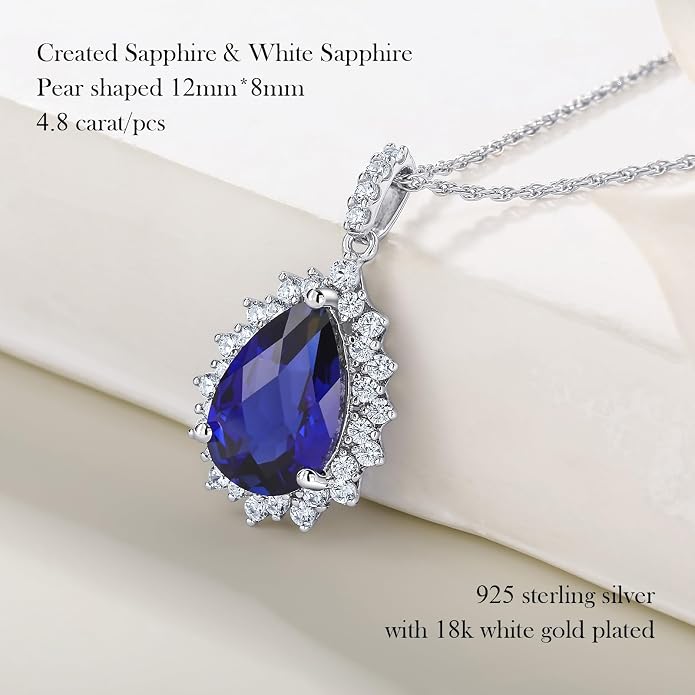 925 Sterling Silver Teardrop Necklace for Women Huge Created Gemstone Solitaire Halo Pendant Pear Cut Birthstone Necklace