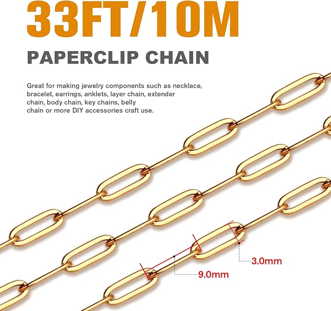 [33 Ft] Stainless Steel Paperclip Chains Roll, 3mm Width 18K Gold PVD Plated Stainless Steel Oval Link Chains Spool Bulk for Jewelry Making
