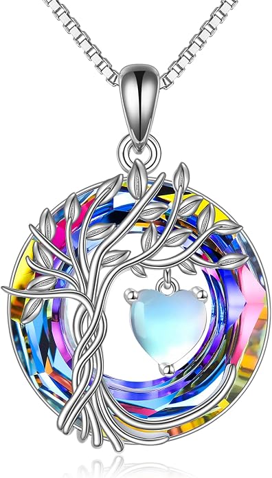 POPLYKE Mothers Day Gifts for Mom Her Wife Tree of Life Necklace 925 Sterling Silver Birthstone Pendant with Crystal Anniversary Birthday Wedding Jewelry for Women