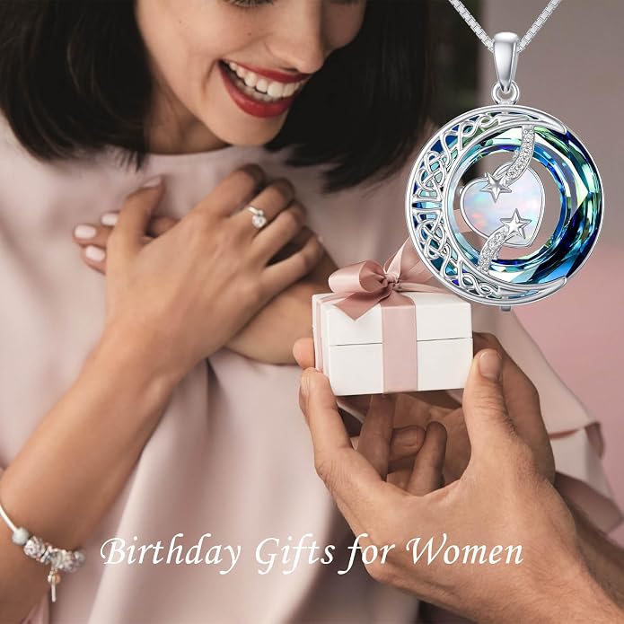 TOUPOP Birthstone Necklace 925 Sterling Silver Moon and Star Pendant Celtic Moon Jewelry with Blue Crystal Anniversary Birthday Gifts for Women Mom Wife Her