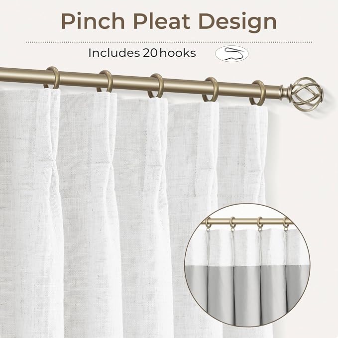 CAPALOCA Pinch Pleated Blackout Curtains 96 Inches Long, Linen Blend, 100% Blackout Drapes with 20 Hooks, Ideal for Bedroom and Living Room, 40" W x 96" L (Pack of 2), Neutral White