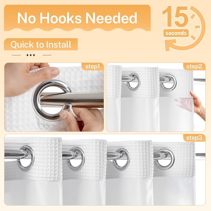 River Dream Cotton Blend Fabric Shower Curtain Set with Liner, White, 71x86 | Waffle Weave, No Hook Needed, with Snap in Replacement Liner, Top Sheer Window, Hotel Quality for Bathroom, Extra Long