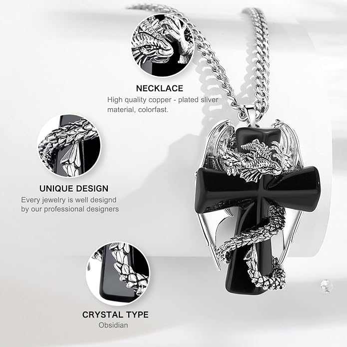 INFUSEU Unique Dragon Necklaces with Healing Crystal Stone for Men Women, Personalized Spiritual Gifts, 24 Inch Chain