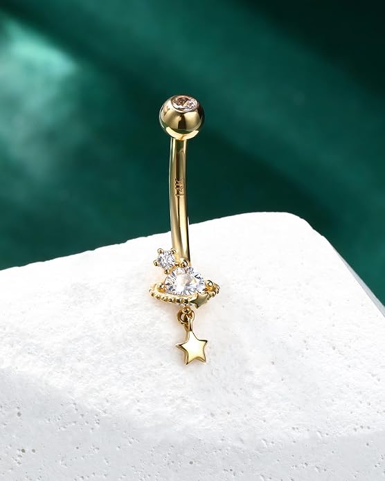 COCHARM 14K Gold Belly Button Rings Saturn Star 14K Yellow Gold Belly Rings for Women 10MM 14k Gold Barbell 14k Belly Navel Belly Piercing Jewerly
