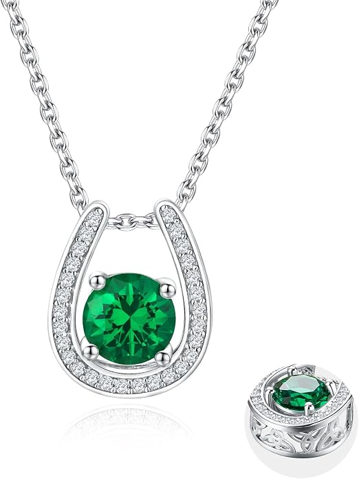 925 Sterling Silver Horseshoe Necklace for Women Round Gemstone Birthstone Necklace Sapphire/Emerald/Ruby/CZ Horse Shoe Pendant Necklaces Jewelry Gift