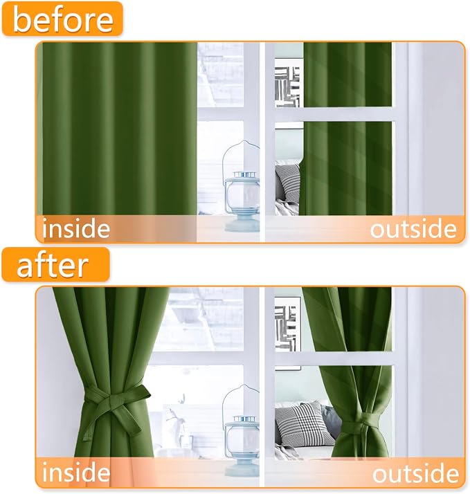 Hiasan Short Blackout Curtains for Bedroom - Thermal Insulated & Energy Saving Christmas Window Curtains for Living Room, 2 Drape Panels Sewn with Tiebacks, Olive Green, 42 x 45 Inch
