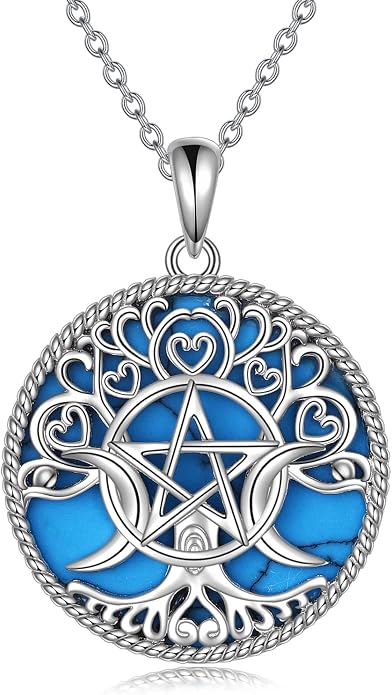 YFN Triple Moon Goddess Necklace Sterling Silver Pentagram Pentacle Opal Pendant necklace Pagan Wiccan Magic Amulet Tree of Life Jewelry for Women Men 18"