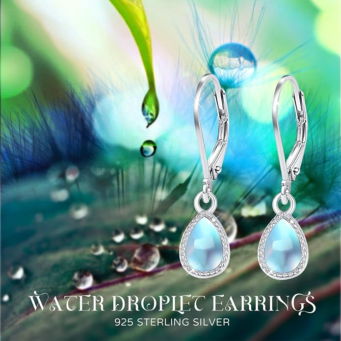 Teardrop Leverback Drop Dangly Earrings, 925 Sterling Silver with Opal/Moonstone Hypoallegenic for Sensitive Ears Jewelry Gift for Women Girlfriend with Gift Box