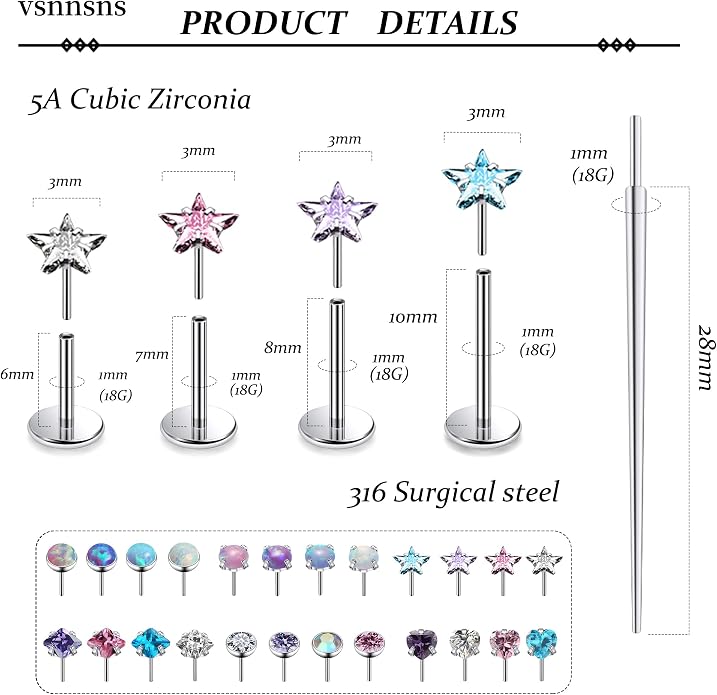 Vsnnsns 14K Gold Plated 16G 18G 20G Threadless Nose Rings Studs Flat Back Earrings Stainless Steel Tragus Helix Conch Earrings Stud Snake Bite Lip Rings Labret Medusa Piercing Jewelry for Women Men