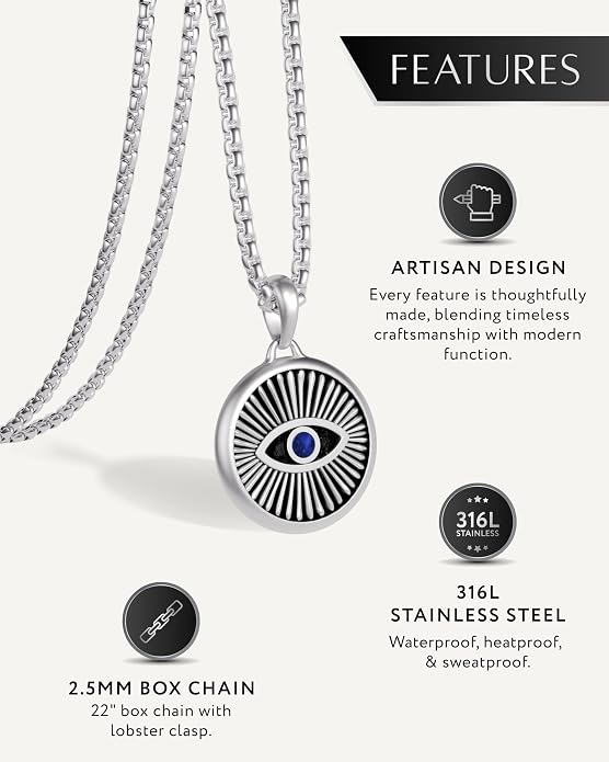 RTZN® Pendant Necklace for Men – Premium Stainless Steel Silver Pendant Necklace with 22" Chain – Waterproof & Non-Tarnish Small Pendants for Men – Bold Symbols of Strength & Legacy