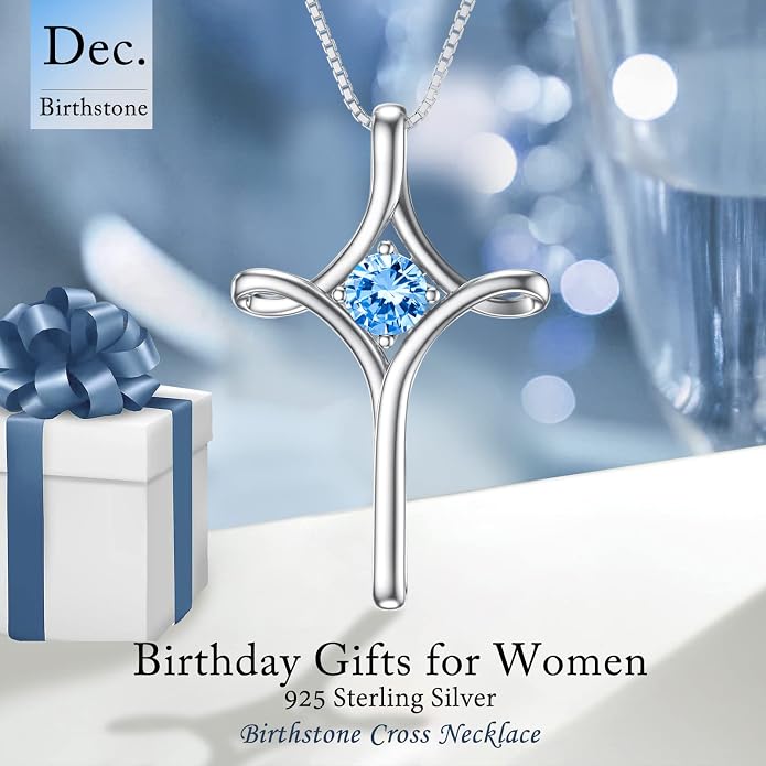TOUPOP Cross Necklace for Women 925 Sterling Silver Birthstone Cross Pendant Fine Jewelry Anniversary Birthday Mothers Day Gifts for Mom Wife Her