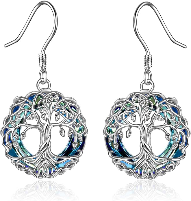 POPLYKE Celtic Tree of Life Earrings for Women Sterling Silver Family Tree Abalone Shell/Volcano Crystal Dangle Earrings Jewelry