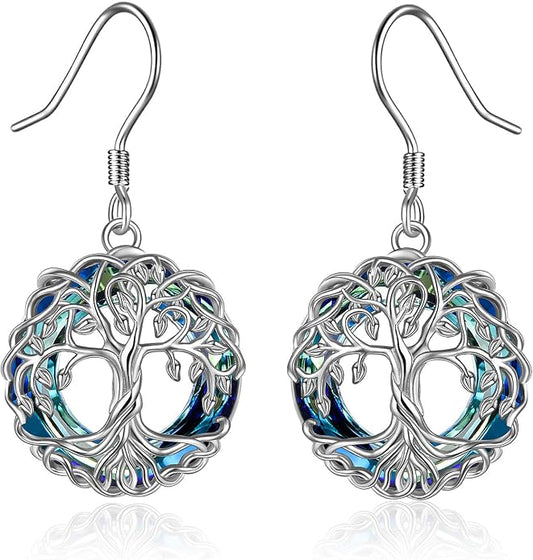 POPLYKE Celtic Tree of Life Earrings for Women Sterling Silver Family Tree Abalone Shell/Volcano Crystal Dangle Earrings Jewelry