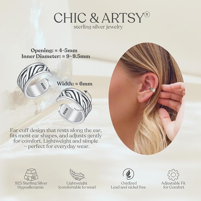 CHIC & ARTSY 925 Sterling Silver Ear Cuffs for Women, Non Piercing Clip On Cartilage Cuffs, Adjustable Fake Conch & Helix Earrings, Gold Plated & Oxidized Various Styles