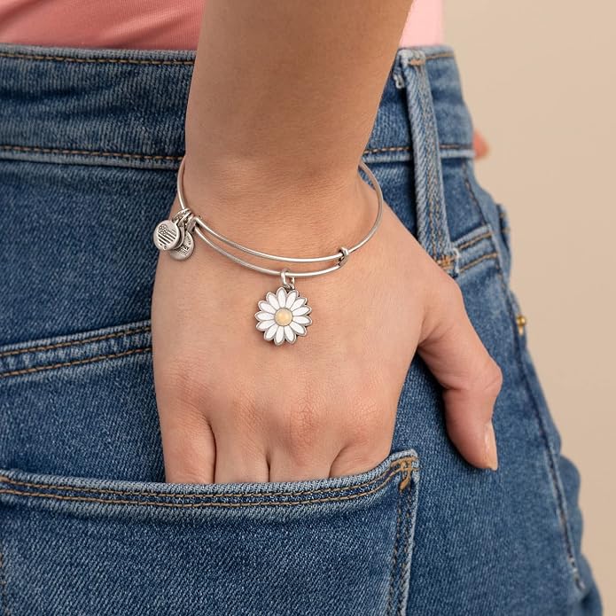 Alex and Ani Expandable Bangle for Women, Daisy Charm, Pineapple Jasper Gemstone, Rafaelian Finish, 2 to 3.5 in