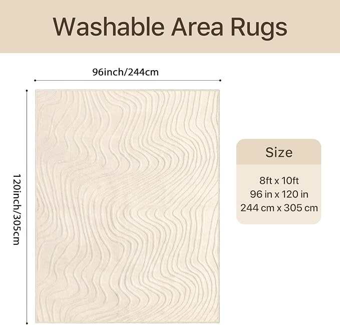 GENIMO Soft Washable Area Rugs 8x10, 3D Modern Wave Textured Rugs for Living Room, High-Low Pile Non Slip Fuzzy Carpet, Non-Shedding Stain Resistant Thin Beige Rugs for Bedroom, Dining Room, Nursery