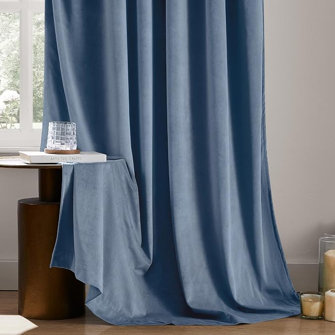 HOMEIDEAS 100% Blackout Blue Velvet Curtains, Thermal Noise Reduction Soft Luxury Vintage Christmas Velvet Curtains for Bedroom Decor, Living Room, Home, 52 X 84 Inch, 2 Panels