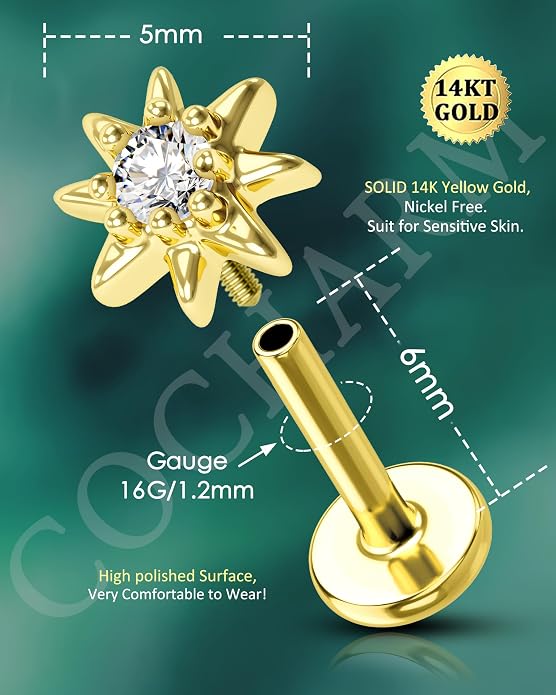 COCHARM 14K Real Gold Helix Cartilage Conch Earring Stud 16g Flat Back Sun Helix Cartilage Conch Tragus Piercing 16g Yellow Gold Internally Threaded Star Tragus Stud Jewelry