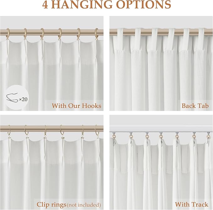 Off White Pinch Pleat Linen Curtains 120 Inches Long for Living Room Pleated Drapes Hooks Back Tab Light Filtering Boho Farmhouse Extra Long Semi Sheer 120 Inch Curtain for Dining Room Bedroom 40x120