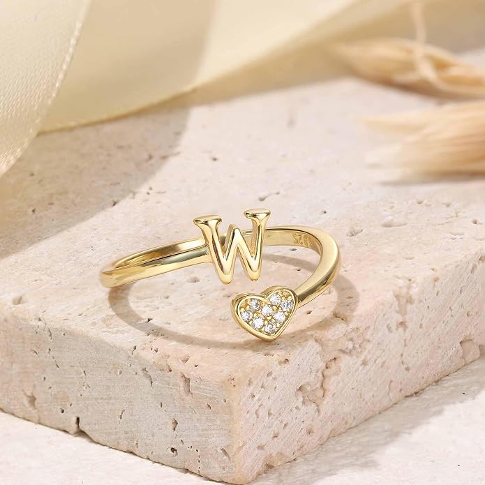 MILACOLATO 925 Sterling Silver Initial Rings for Women Teen Girl 18K Gold Plated Heart Initial Rings Adjustable Capital Letter Ring Stackable Thumb Pinky Rings for Daughter Birthday Bridesmaid Gifts Jewelry, A to Z