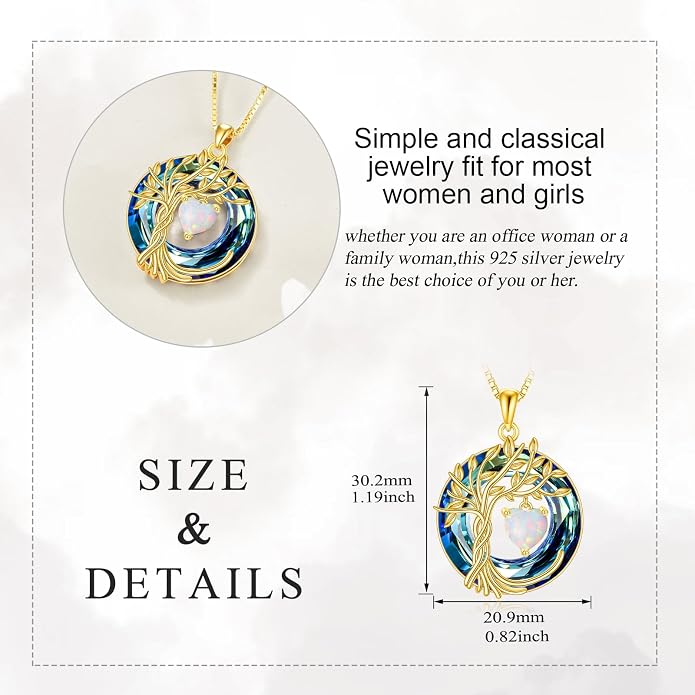 POPLYKE Mothers Day Gifts for Mom Her Wife Tree of Life Necklace 925 Sterling Silver Birthstone Pendant with Crystal Anniversary Birthday Wedding Jewelry for Women